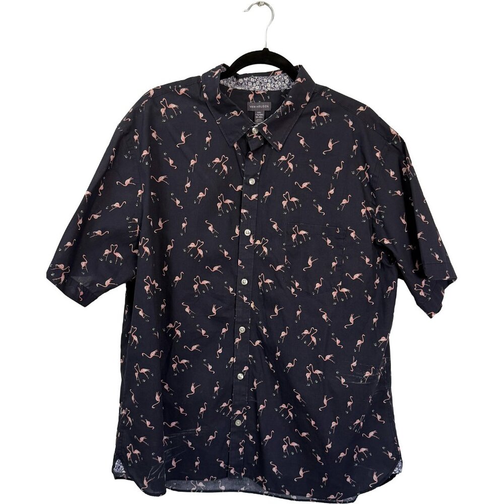 Van Heusen Men's Hawaiian Shirt Navy Pink Flamingo Print XXL Tropical Pocket